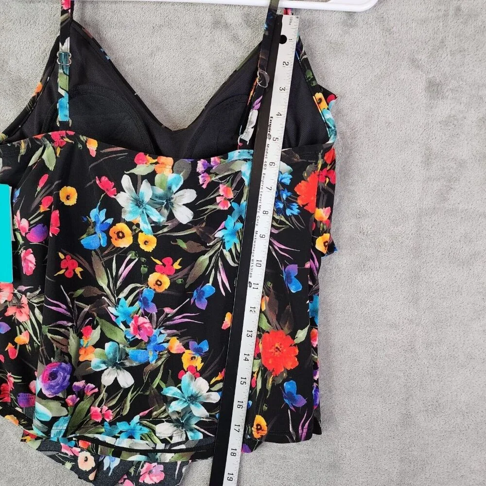Women's Aqua Green Tiered Tankini Top Swinsuit Adjustable Straps Floral M